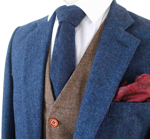 Blue herringbone tweed 3 piece suit clearance