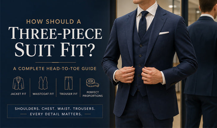 Man checking the fit of a tailored three-piece suit jacket, waistcoat, and trousers