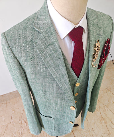 Light Green Herringbone Cotton Linen 3 Piece Suit