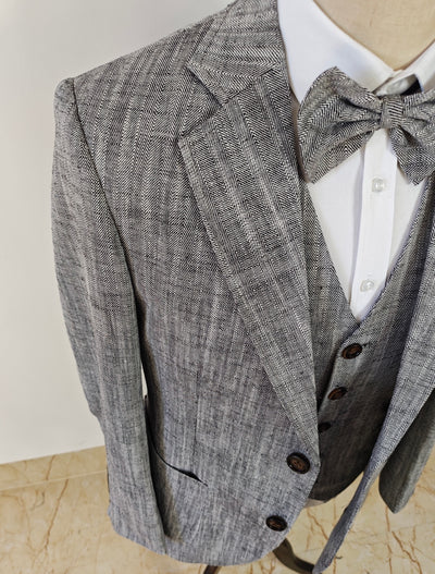 LIGHT GRAY HERRINGBONE COTTON LINEN 3 PIECE SUIT