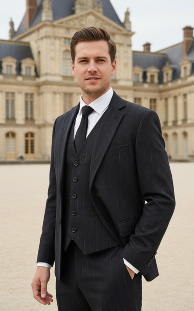 CHARCOAL MELANGE PINSTRIPE 3 PIECE SUIT