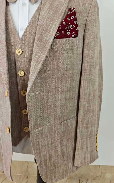 LIGHT BROWN HERRINGBONE COTTON LINEN 3 PIECE SUIT