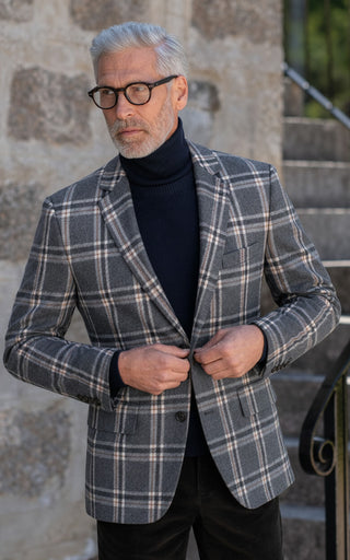 Grey Windowpane Tweed & Black Corduroy 2 Piece Suit