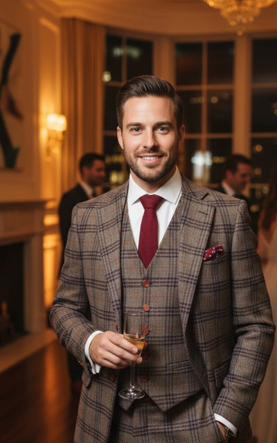LIGHT BROWN PURPLE PLAID 3 PIECE SUIT