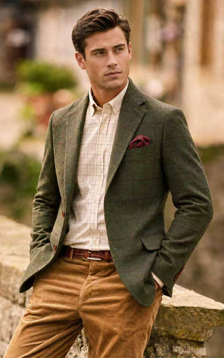 Olive Green Plaid Tweed & Brown Corduroy 2 Piece Suit