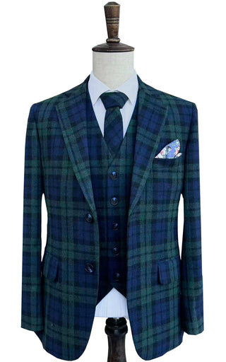Navy Green Plaid Tweed 3 Piece Suit