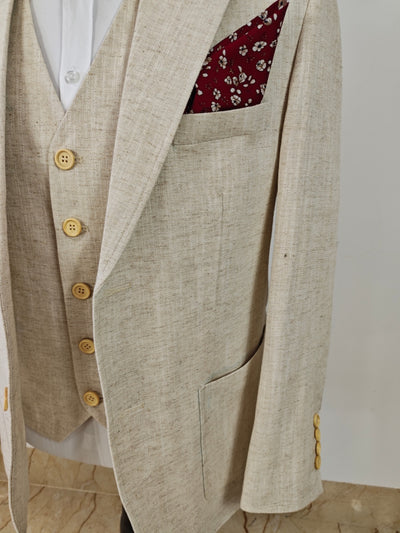 BEIGE HERRINGBONE COTTON LINEN 3 PIECE SUIT