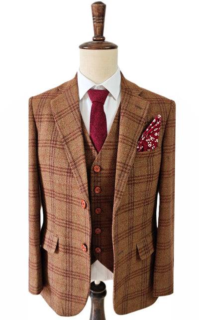BROWN RED PLAID 3 PIECE SUIT
