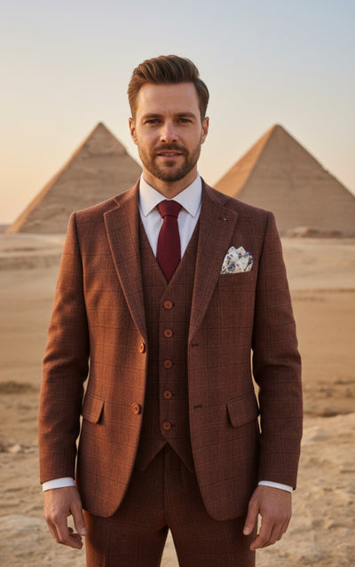 BROWN RED OVERCHECK PLAID 3 PIECE SUIT