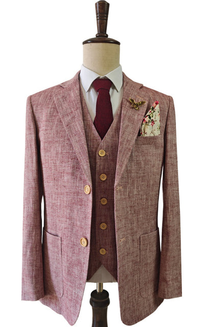 LIGHT RED HERRINGBONE COTTON LINEN 3 PIECE SUIT