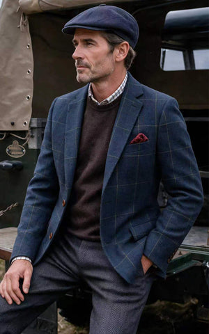 Blue Overcheck Plaid Tweed & Charcoal Herringbone Tweed 2 Piece Suit