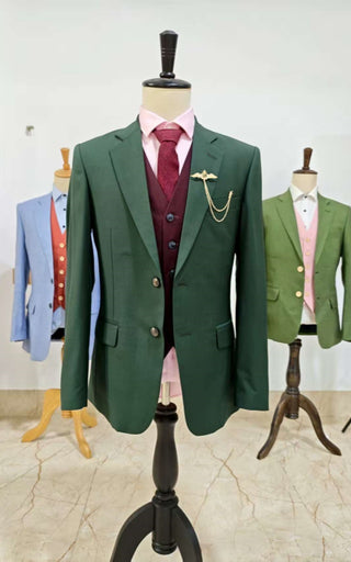 Classic Dark Green & Wine Red Mix and Match Worsted 3 Piece Suit