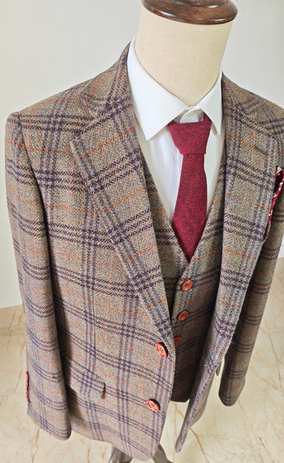 LIGHT BROWN PURPLE PLAID 3 PIECE SUIT