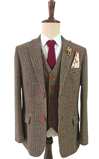 Brown Houndstooth Tweed 3 Piece Suit