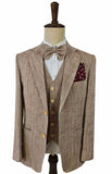 LIGHT BROWN HERRINGBONE COTTON LINEN 3 PIECE SUIT