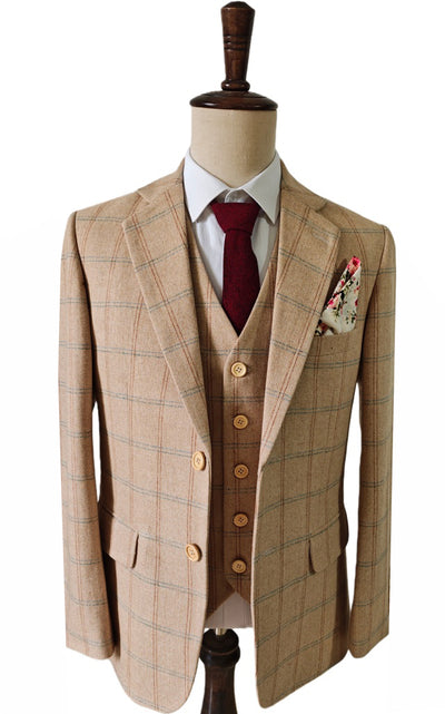 BEIGE HERRINGBONE PLAID 3 PIECE SUIT