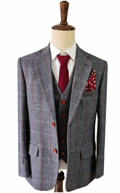 GREY HERRINGBONE PLAID 3 PIECE SUIT