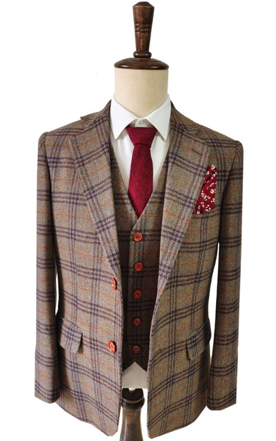 LIGHT BROWN PURPLE PLAID 3 PIECE SUIT
