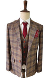 LIGHT BROWN PURPLE PLAID 3 PIECE SUIT