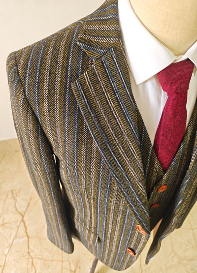 BROWN BLUE PINSTRIPE TWEED 3 PIECE SUIT
