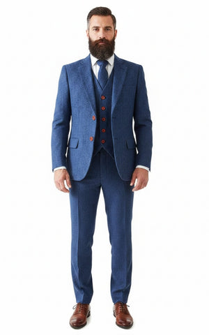 BLUE HERRINGBONE TWEED 3 PIECE SUIT