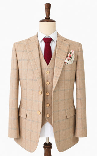 Beige Herringbone Plaid 3 Piece Suit
