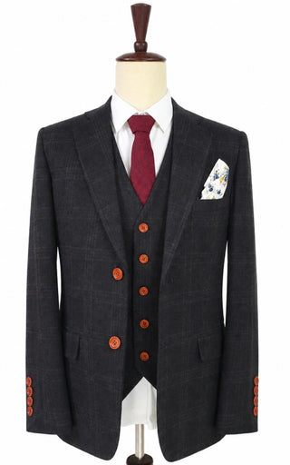 Black Overcheck Plaid 3 Piece Suit