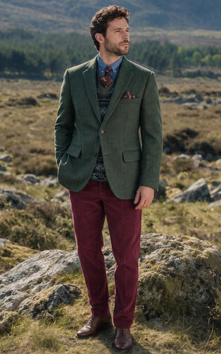 Green Herringbone Tweed & Wine Red Corduroy 2 Piece Suit