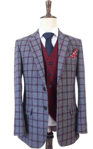 Grey Red Windowpane Plaid Mix & Match Tweed 3 Piece Suit