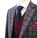 GREY RED WINDOWPANE PLAID  MIX & MATCH TWEED 3 PIECE SUIT