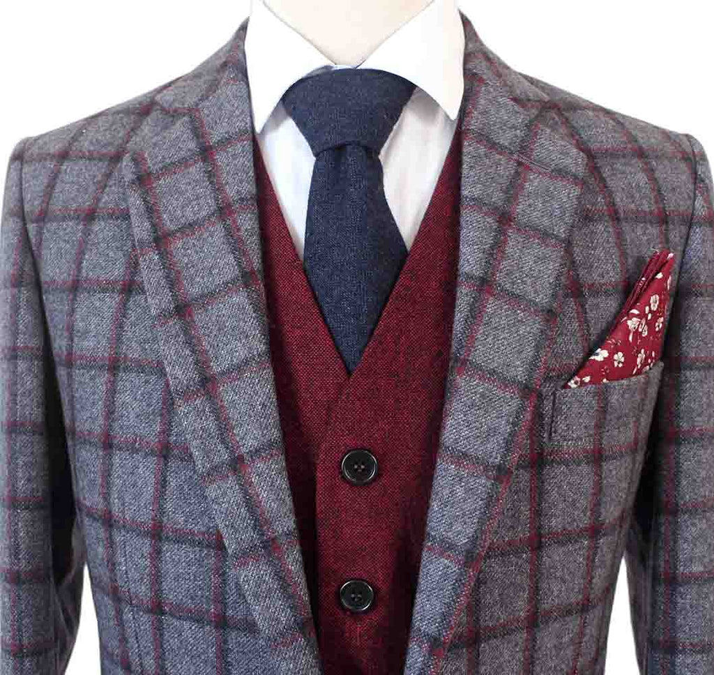 Windowpane Red Plaid Grey Red Windowpane Plaid Mix & Match Tweed 3 Piece Suit | Made to ...
