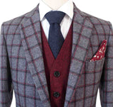 GREY RED WINDOWPANE PLAID  MIX & MATCH TWEED 3 PIECE SUIT