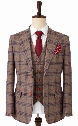 LIGHT BROWN PURPLE PLAID 3 PIECE SUIT