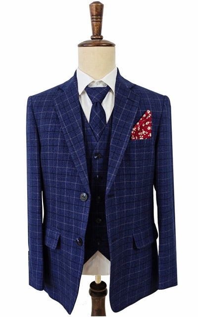 NAVY MELANGE CHECK 3 PIECE SUIT