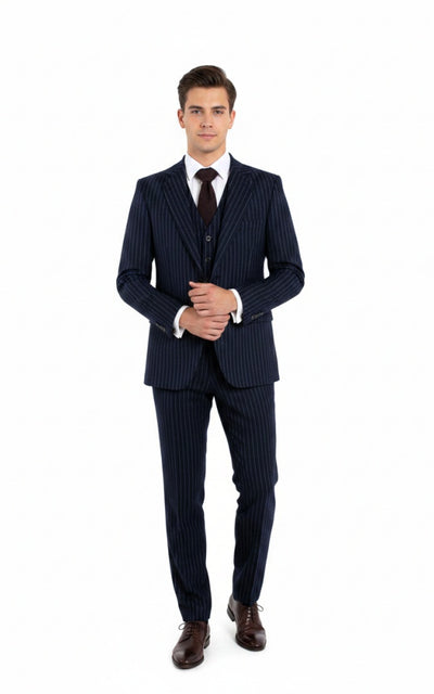 NAVY PINSTRIPE TWEED 3 PIECE SUIT