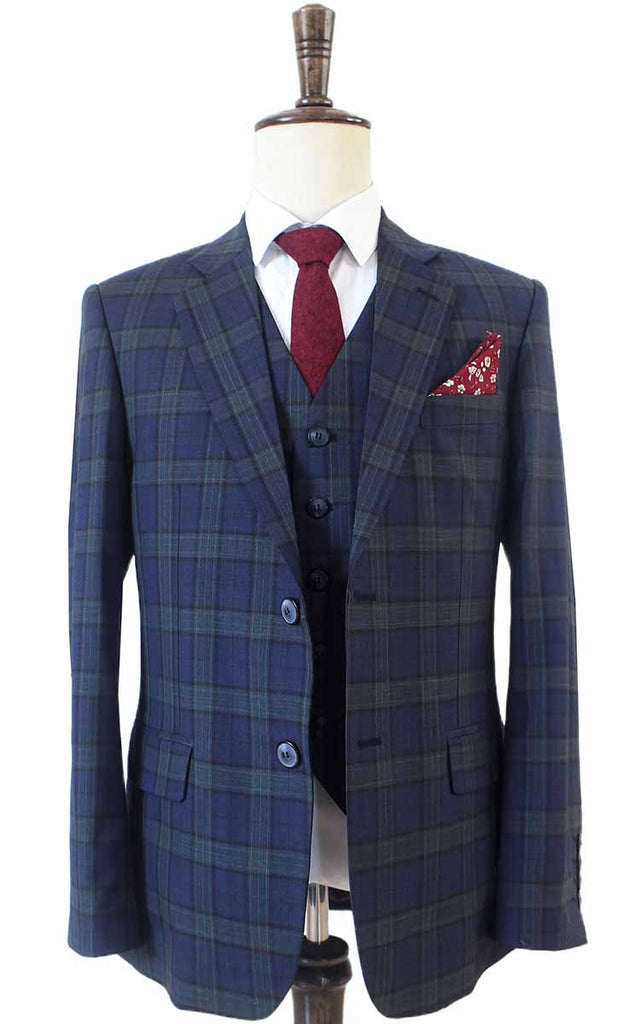 Navy Green Plaid Worsted 3 Piece Suit Navy Green Plaid Worsted 3 Piece Suit