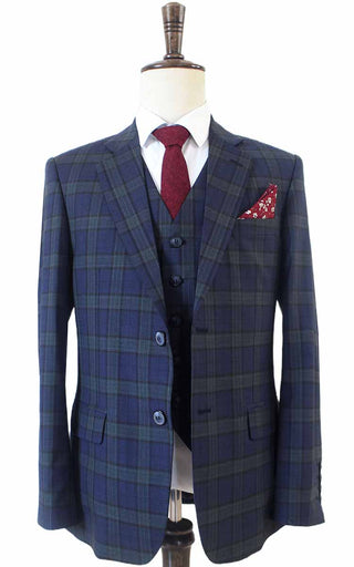 Navy Green Plaid Worsted 3 Piece Suit