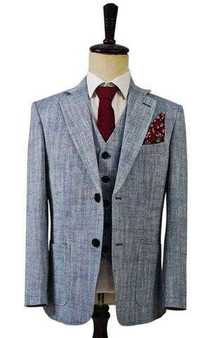 LIGHT BLUE HERRINGBONE COTTON LINEN 3 PIECE SUIT