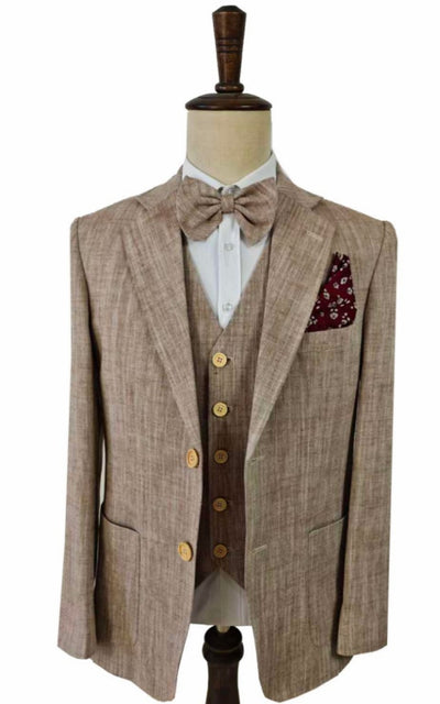 LIGHT BROWN HERRINGBONE COTTON LINEN 3 PIECE SUIT