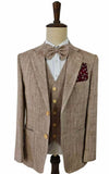 LIGHT BROWN HERRINGBONE COTTON LINEN 3 PIECE SUIT