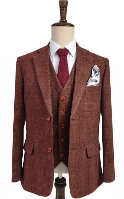 BROWN RED OVERCHECK PLAID 3 PIECE SUIT