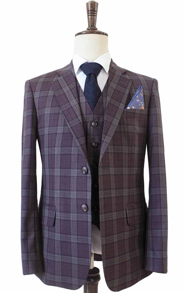 WINE RED PLAID WORSTED 3 PIECE SUIT