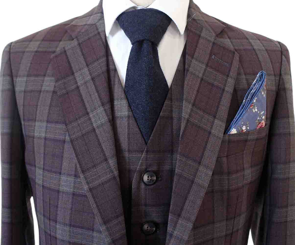 WINE RED PLAID WORSTED 3 PIECE SUIT