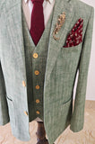 LIGHT GREEN HERRINGBONE COTTON LINEN 3 PIECE SUIT