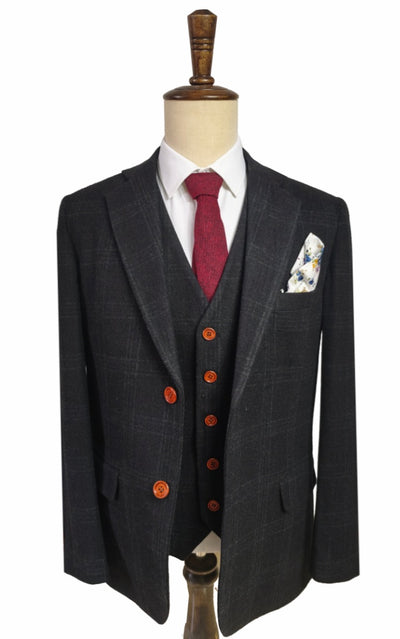 BLACK OVERCHECK PLAID 3 PIECE SUIT