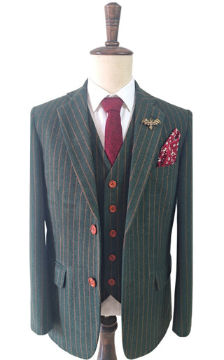 Green Orange Pinstripe Tweed 3 Piece Suit