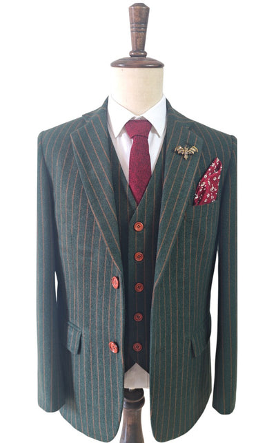 GREEN ORANGE PINSTRIPE TWEED 3 PIECE SUIT