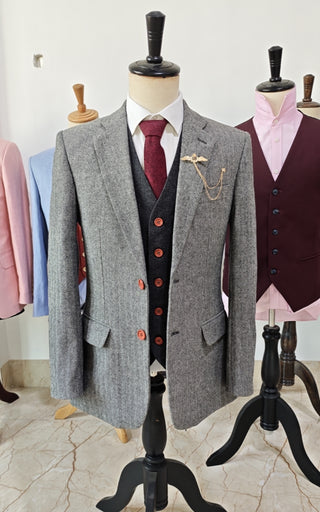 Classic Grey Herringbone Tweed Mix & Match 3 Piece Suit