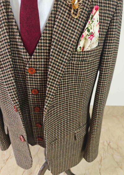 Brown Houndstooth Tweed 3 Piece Suit
