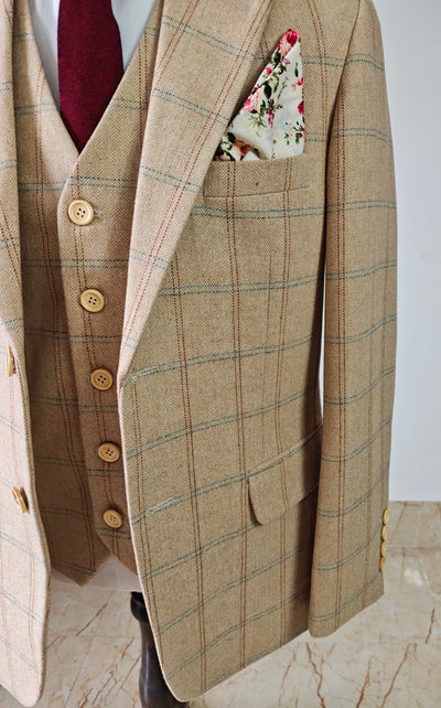 BEIGE HERRINGBONE PLAID 3 PIECE SUIT